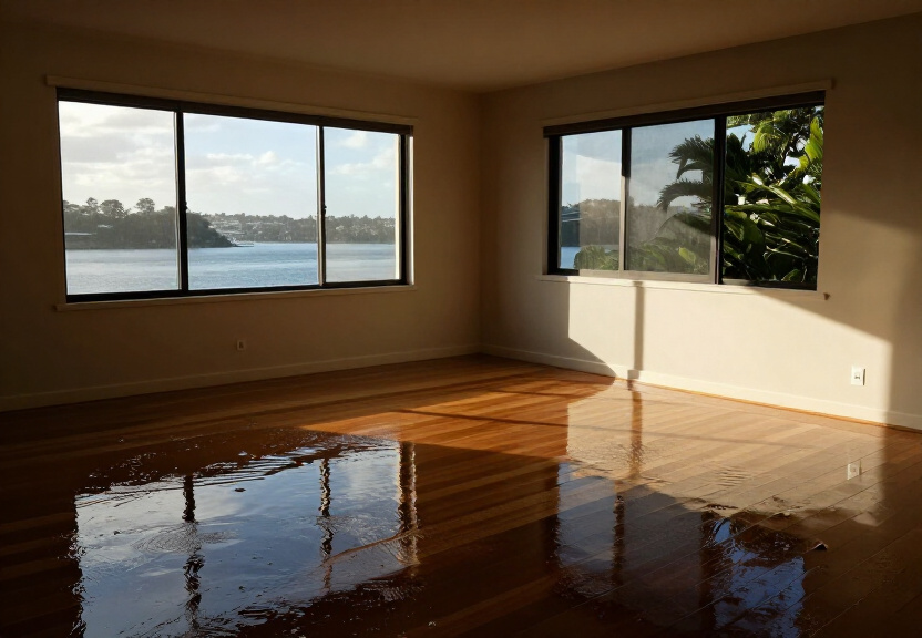 Water-damaged living room in Centennial Park with soaked carpet and furniture